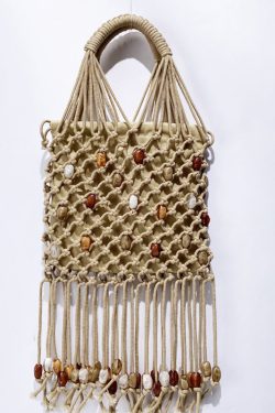 Casual Beige Tasseled Nail Bead Woven Tote Handbag