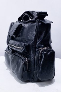 Casual  Black Asymmetrical Pockets Faux Leather Message Bag