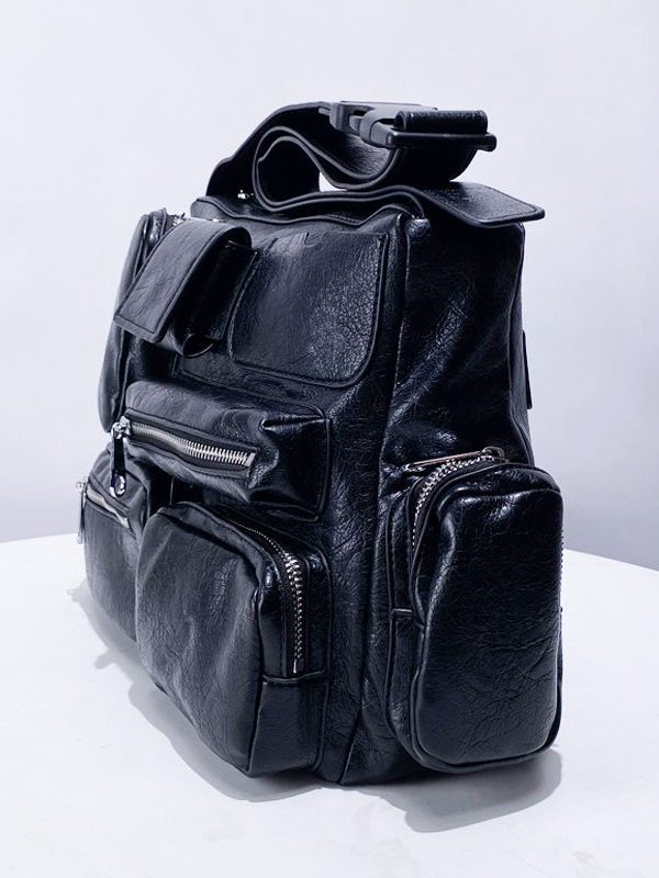 Casual  Black Asymmetrical Pockets Faux Leather Message Bag