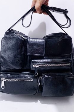 Casual  Black Asymmetrical Pockets Faux Leather Message Bag