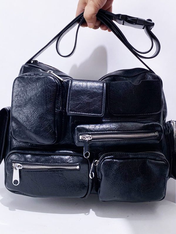 Casual  Black Asymmetrical Pockets Faux Leather Message Bag