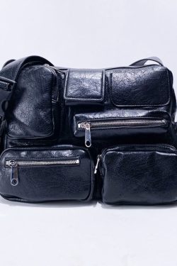 Casual  Black Asymmetrical Pockets Faux Leather Message Bag