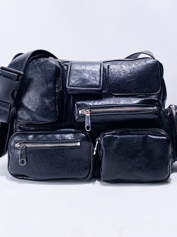 Casual  Black Asymmetrical Pockets Faux Leather Message Bag