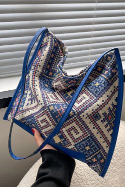 Casual Black Jacquard Canvas Satchel Handbag