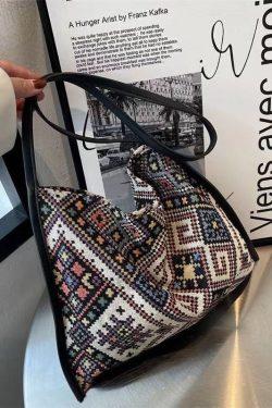 Casual Black Jacquard Canvas Satchel Handbag