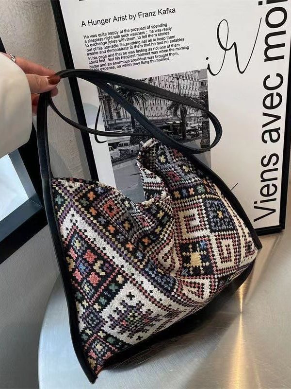 Casual Black Jacquard Canvas Satchel Handbag