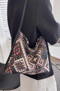 Casual Black Jacquard Canvas Satchel Handbag