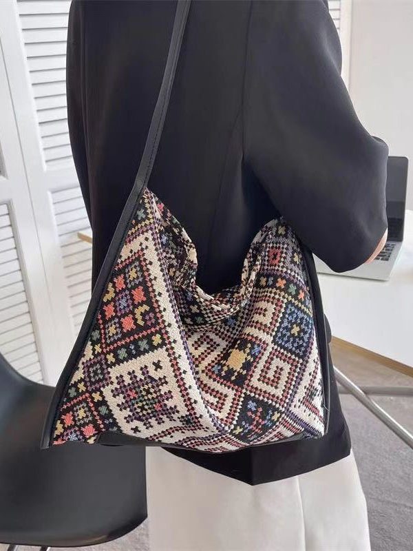 Casual Black Jacquard Canvas Satchel Handbag