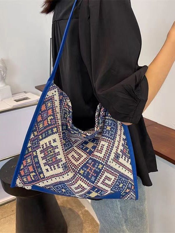 Casual Black Jacquard Canvas Satchel Handbag