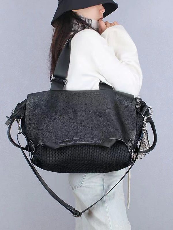 Casual Black Large Capacity Calf Leather Messenger Bag