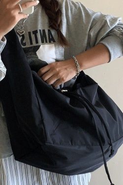 Casual Black Patchwork Drawstring Oversize Satchel Handbag
