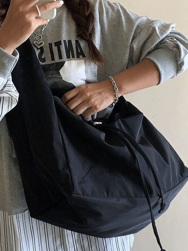 Casual Black Patchwork Drawstring Oversize Satchel Handbag