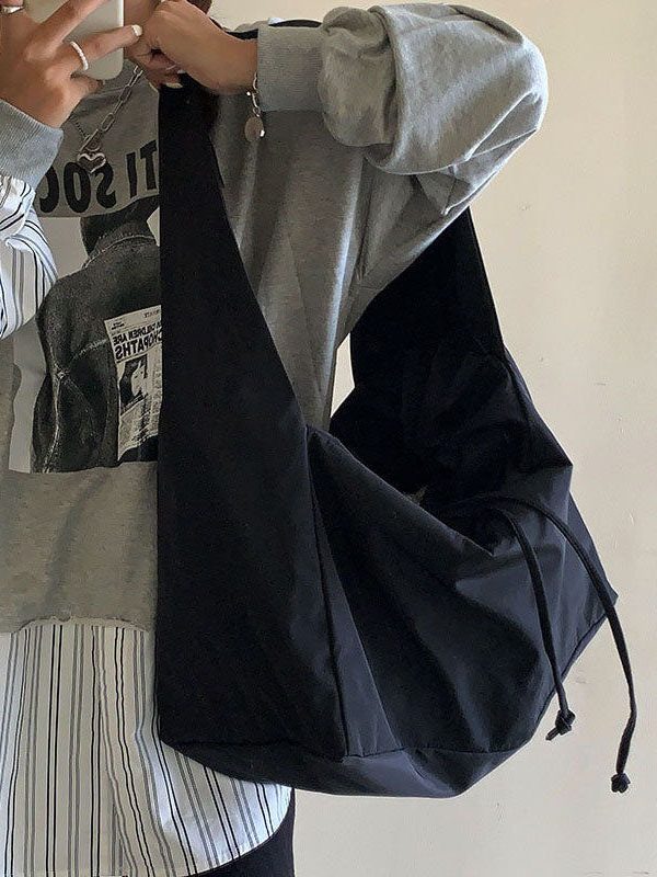 Casual Black Patchwork Drawstring Oversize Satchel Handbag