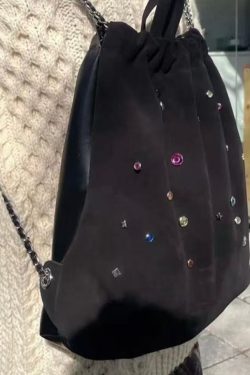 Casual Black Velour Gem Stone Patchwork Faux Leather Backpack Bag