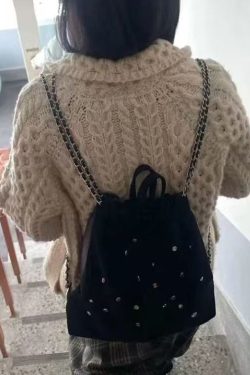 Casual Black Velour Gem Stone Patchwork Faux Leather Backpack Bag