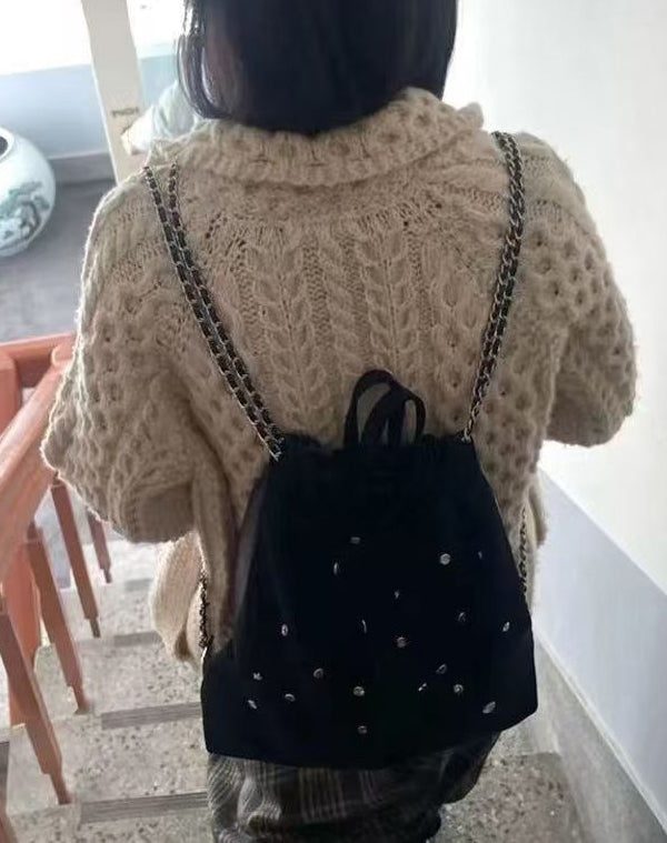 Casual Black Velour Gem Stone Patchwork Faux Leather Backpack Bag