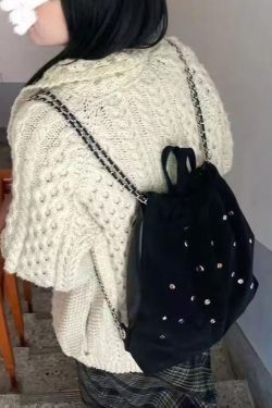 Casual Black Velour Gem Stone Patchwork Faux Leather Backpack Bag