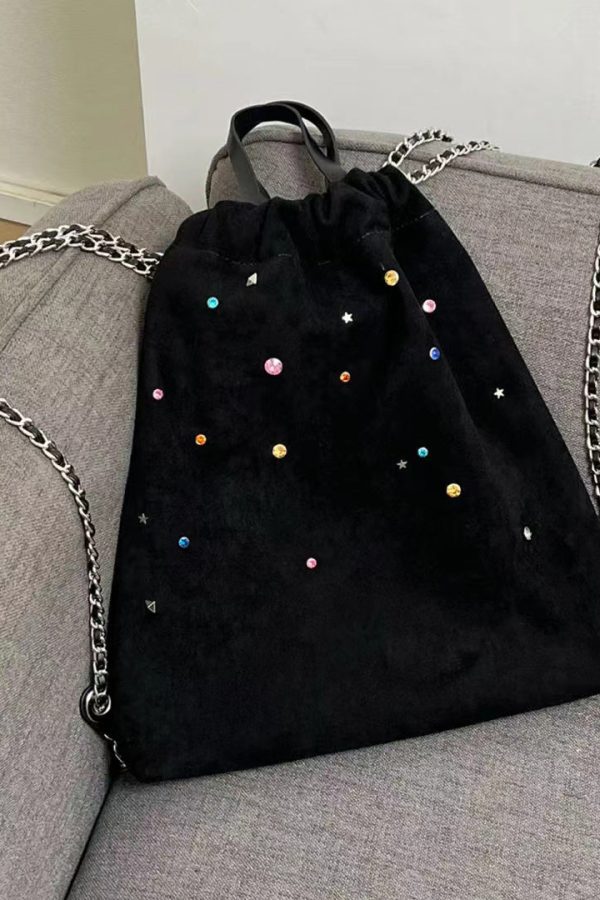 Casual Black Velour Gem Stone Patchwork Faux Leather Backpack Bag