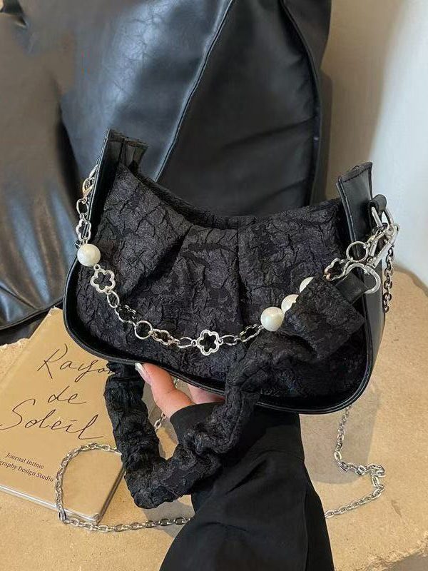 Casual Black Wrinkled Pearl Chain Linked Faux Leather Micro Bag