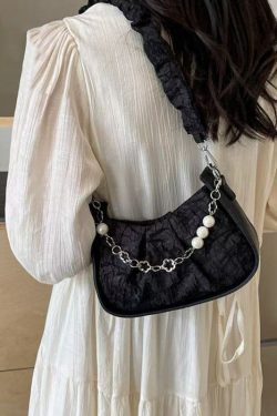 Casual Black Wrinkled Pearl Chain Linked Faux Leather Micro Bag