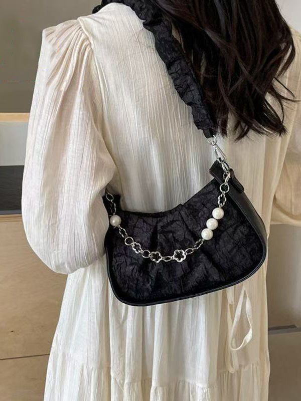 Casual Black Wrinkled Pearl Chain Linked Faux Leather Micro Bag