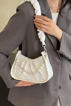 Casual Black Wrinkled Pearl Chain Linked Faux Leather Micro Bag