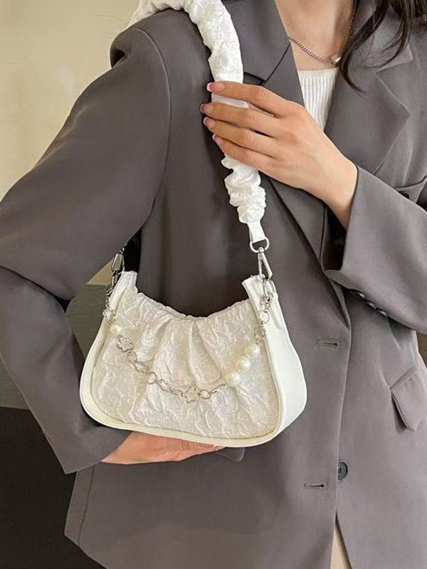 Casual Black Wrinkled Pearl Chain Linked Faux Leather Micro Bag