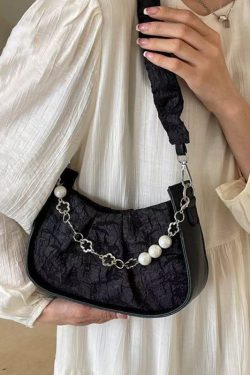 Casual Black Wrinkled Pearl Chain Linked Faux Leather Micro Bag