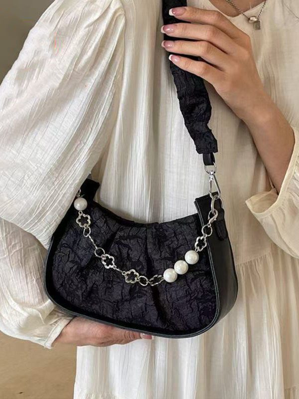 Casual Black Wrinkled Pearl Chain Linked Faux Leather Micro Bag