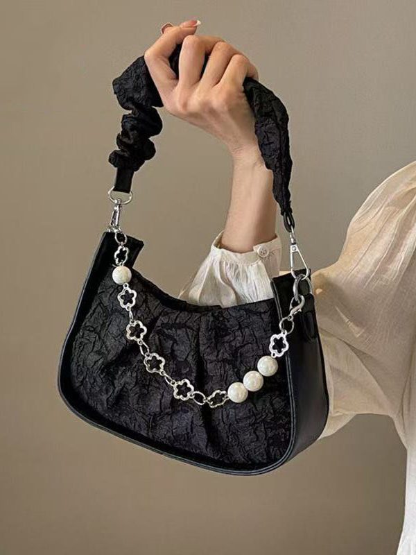 Casual Black Wrinkled Pearl Chain Linked Faux Leather Micro Bag