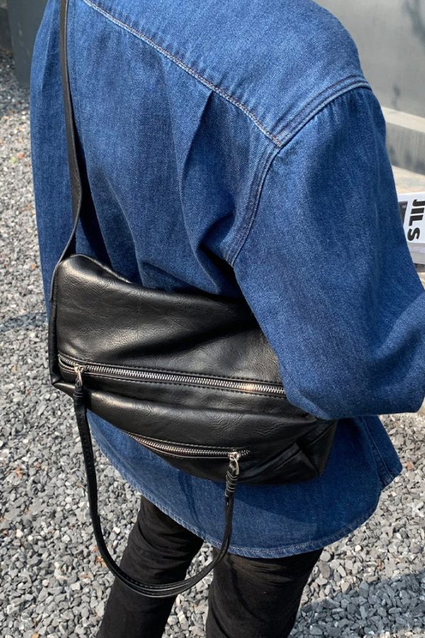 Casual Black Zippered Solid Durable Faux Leather Messenger Bag