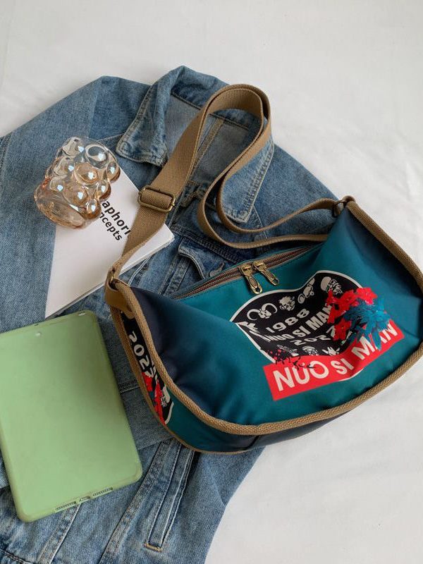 Casual Blue Appliqued Nylon Messenger Bag Satchel Bag Handbag