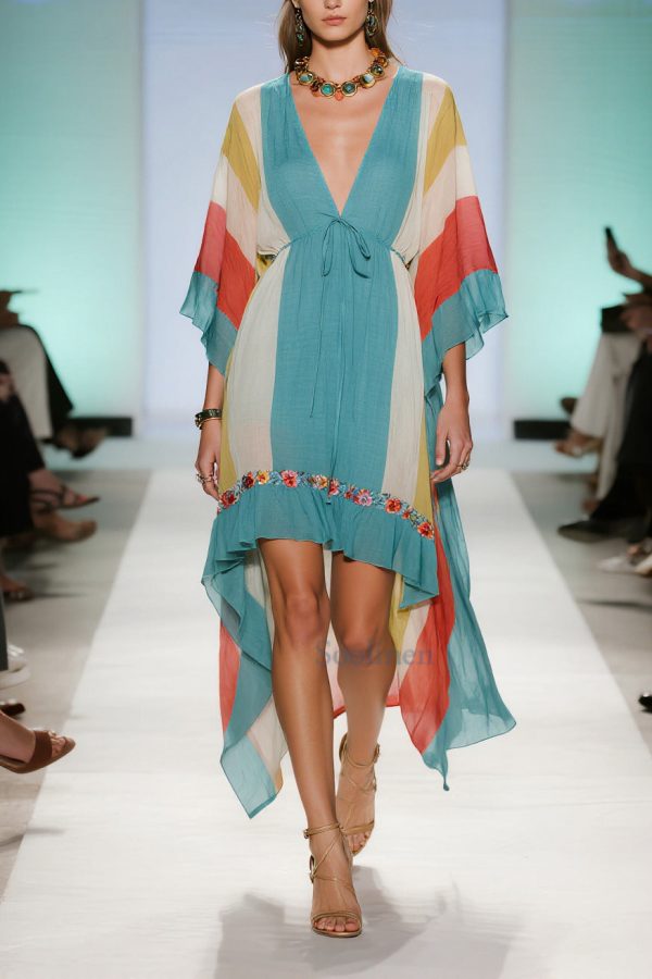 Casual Blue Asymmetrical Striped Cotton Dresses Summer