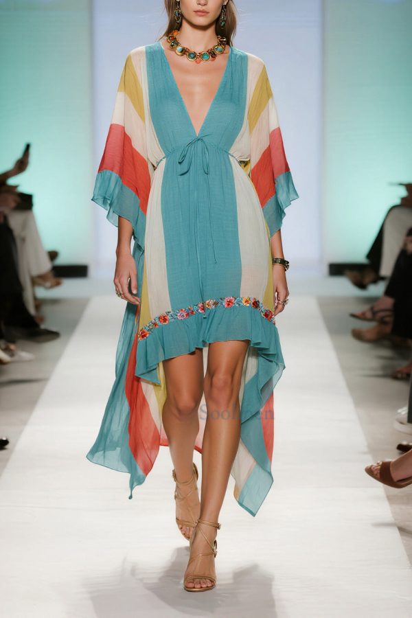 Casual Blue Asymmetrical Striped Cotton Dresses Summer