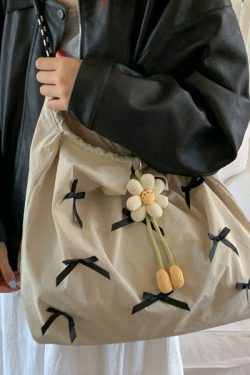 Casual Blue Bow Large Capacity Canvas Shoulder Bag