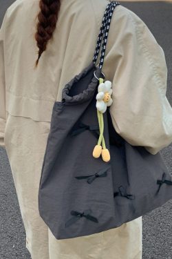 Casual Blue Bow Large Capacity Canvas Shoulder Bag