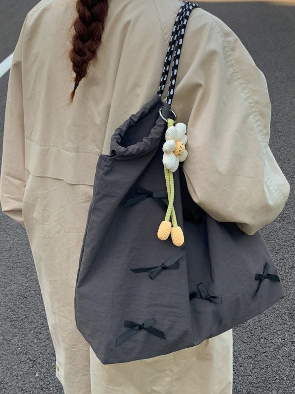 Casual Blue Bow Large Capacity Canvas Shoulder Bag