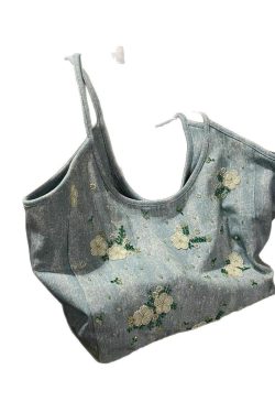 Casual Blue Embroideried Large Capacity Denim Shoulder Bag