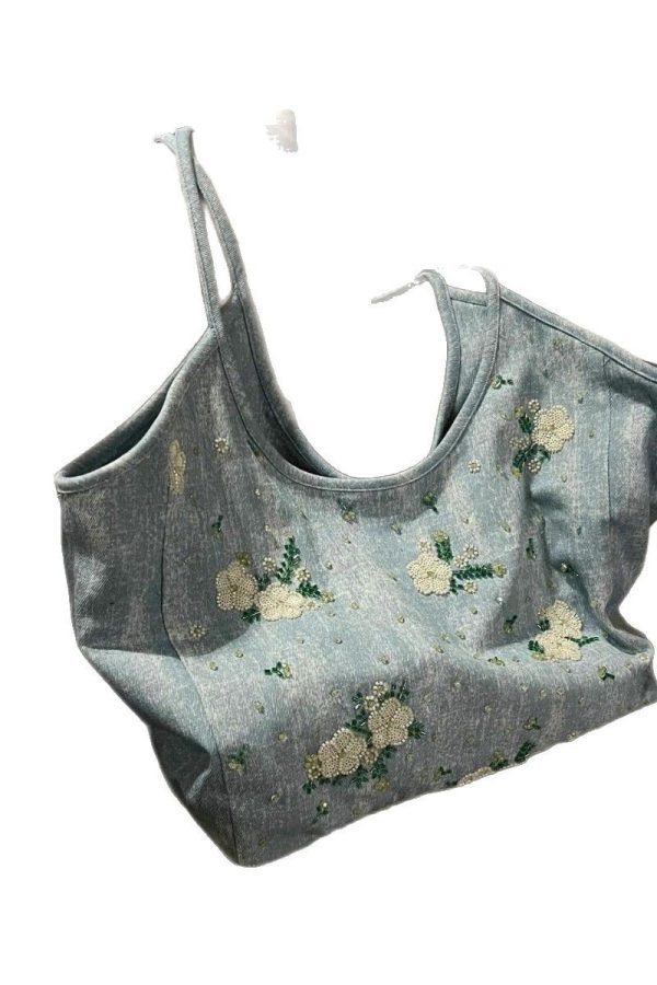 Casual Blue Embroideried Large Capacity Denim Shoulder Bag