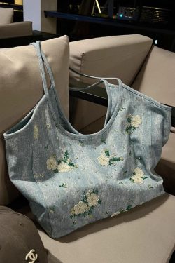 Casual Blue Embroideried Large Capacity Denim Shoulder Bag