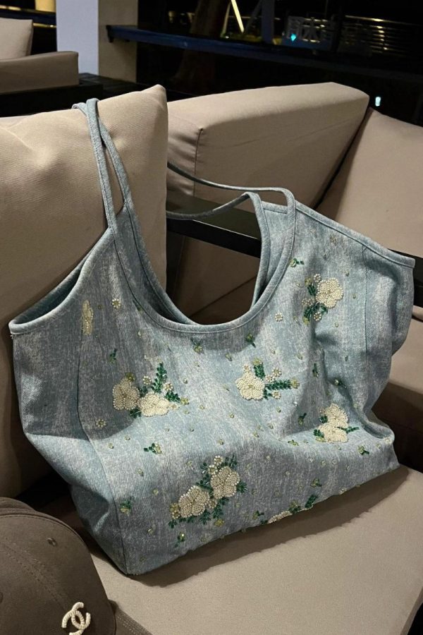 Casual Blue Embroideried Large Capacity Denim Shoulder Bag