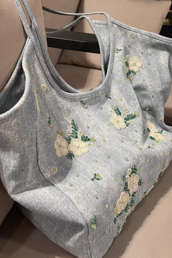 Casual Blue Embroideried Large Capacity Denim Shoulder Bag