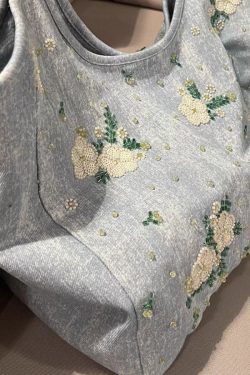 Casual Blue Embroideried Large Capacity Denim Shoulder Bag