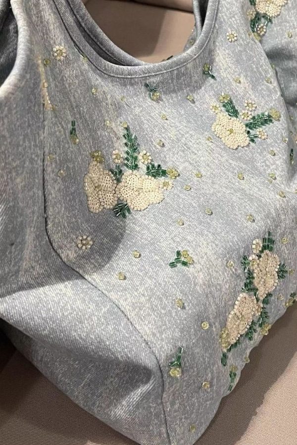 Casual Blue Embroideried Large Capacity Denim Shoulder Bag