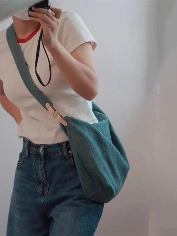 Casual Blue Large Capacity Solid Durable Denim Satchel Handbag
