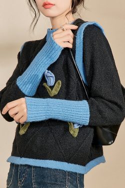 Casual Blue O-Neck Patchwork Cotton Knit Sweaters Spring