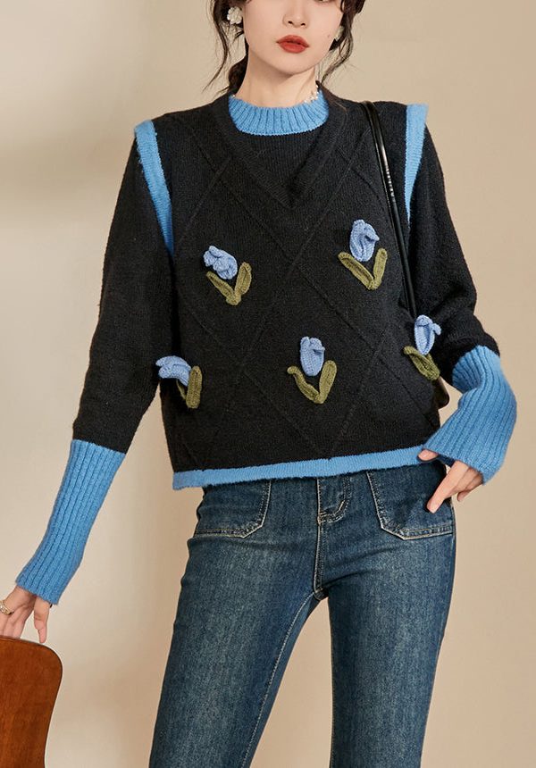 Casual Blue O-Neck Patchwork Cotton Knit Sweaters Spring