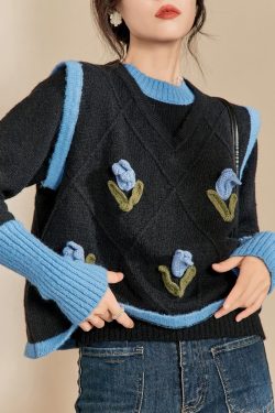 Casual Blue O-Neck Patchwork Cotton Knit Sweaters Spring