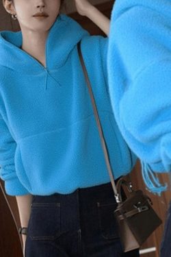 Casual Blue Pockets Patchwork Faux Fur Hooded Sweatshirts Fall