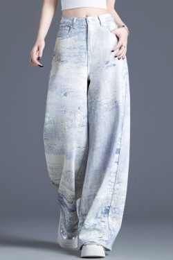 Casual Blue Pockets Tie Dye High Waist Denim Pants Spring
